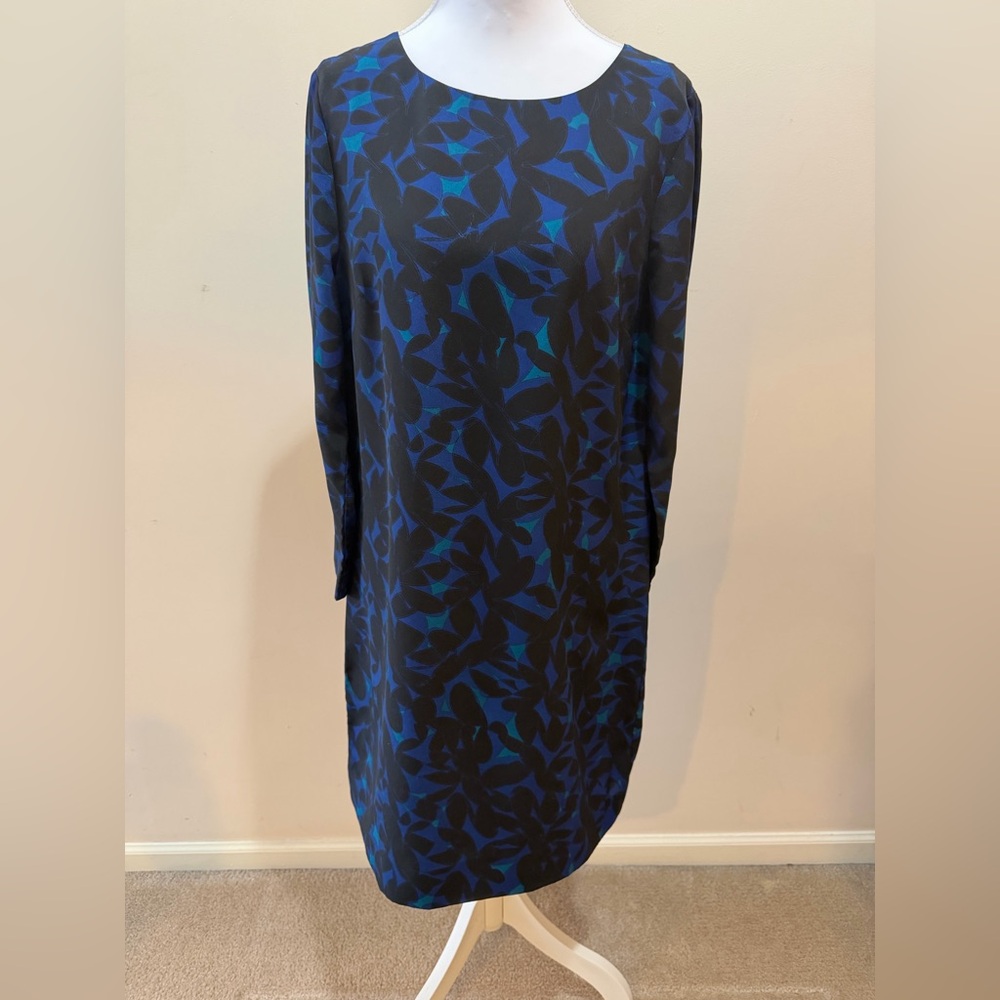 J. Crew Blue and Black Gallery Shift Dress Leaf Floral Design Size 6 Mod Style